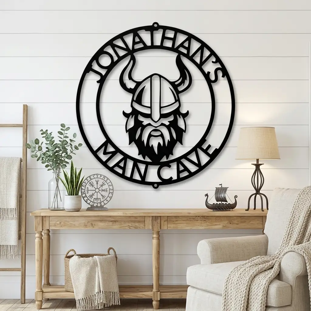 Personalized Viking Metal Wall Art | Custom Viking Name Sign | Norse Warrior Steel Wall Decor | Viking Helmet Home Decoration | Made in USA