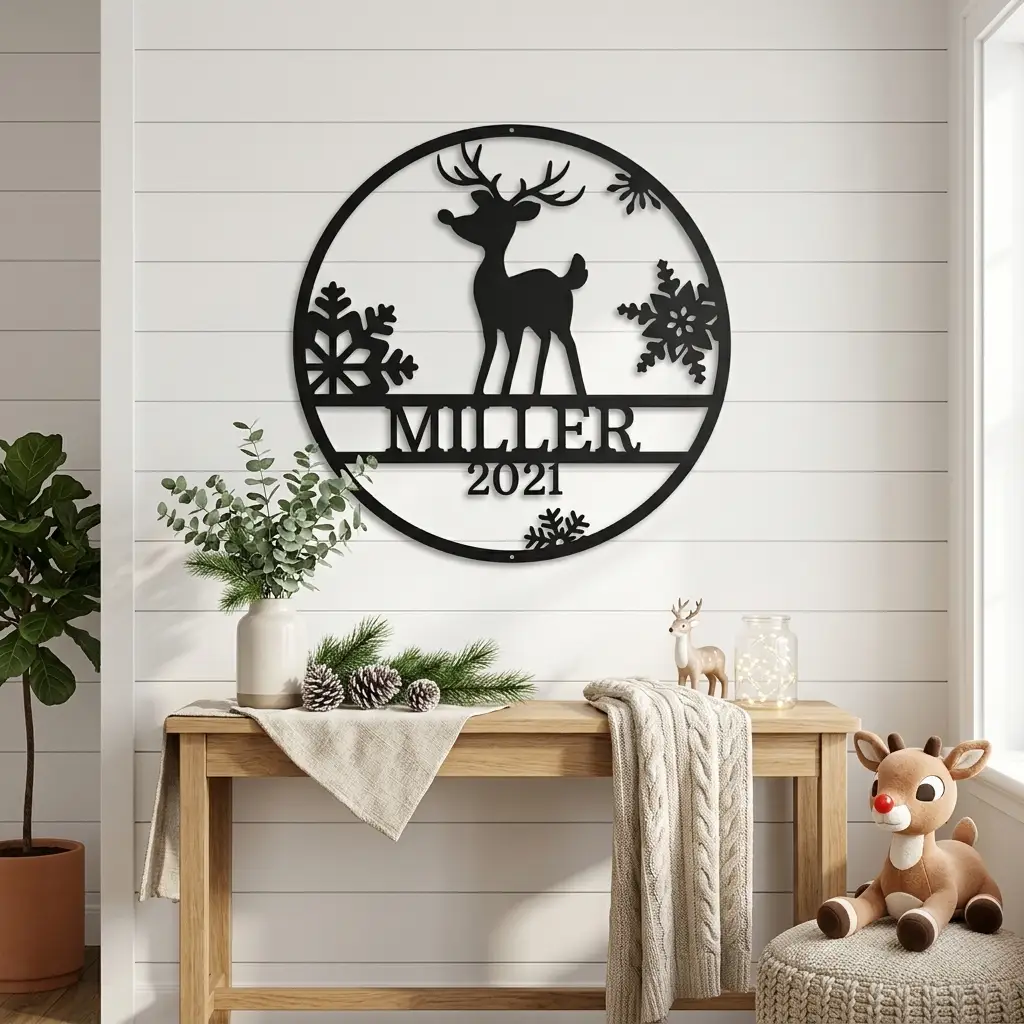 Rudolph Reindeer Christmas Personalized Metal Sign | Custom Family Name & Year Holiday Wall Art | Reindeer Snowflake Metal Decor | Christmas Gift for Family