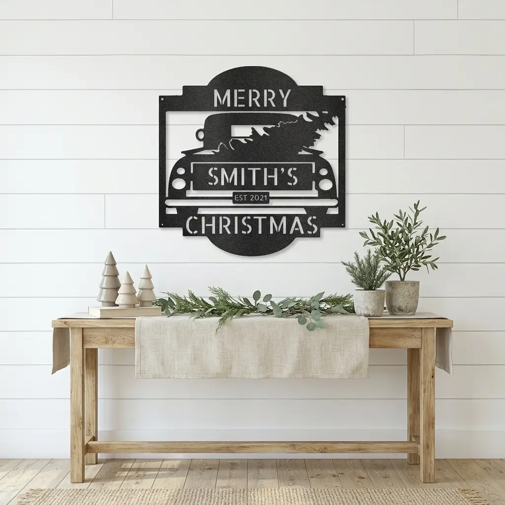 Christmas Truck Personalized Metal Wall Sign | Custom Family Holiday Wall Art | Vintage Truck Christmas Decor | Personalized Name & Year Metal Sign | Made in USA