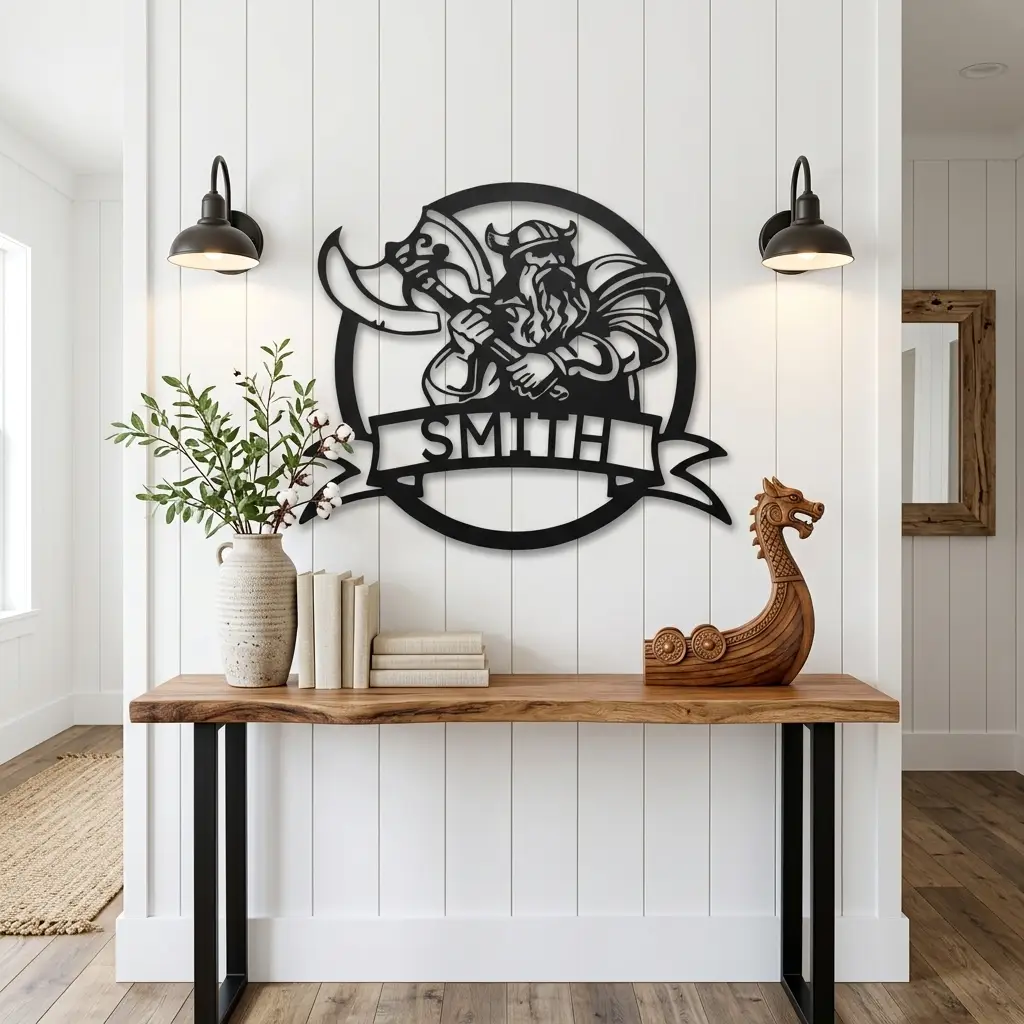 Fighting Viking Monogram Personalized Name Indoor Outdoor Steel Wall Sign Metal Man Cave Art