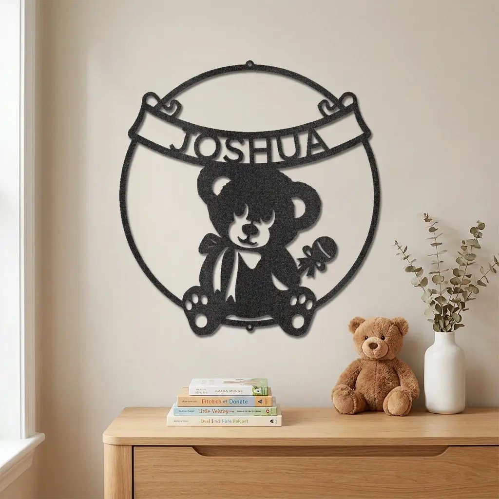 Personalized Baby Name Teddy Bear Metal Wall Art – Custom Nursery Name Sign – Laser Cut Steel Baby Room Decor – Baby Shower Gift