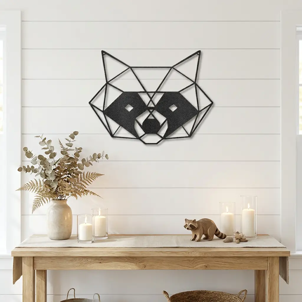 Geometric Raccoon Metal Wall Art – Modern Wildlife Steel Sign, Rustic Cabin Decor, Forest Animal Wall Hanging, Laser Cut Metal Art 12"–36"