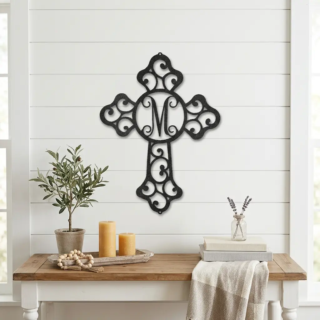 Personalized Initial Cross Metal Wall Art | Custom Monogram Christian Cross Decor | Ornate Faith Wall Hanging