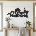 Happy Halloween Metal Wall Art Sign – Pumpkin Bat Cat Halloween Decor – Outdoor Powder Coated Steel Sign – Spooky Farmhouse Porch Decor