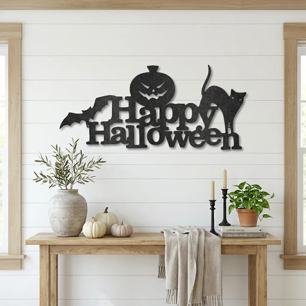 Happy Halloween Metal Wall Art Sign – Pumpkin Bat Cat Halloween Decor – Outdoor Powder Coated Steel Sign – Spooky Farmhouse Porch Decor