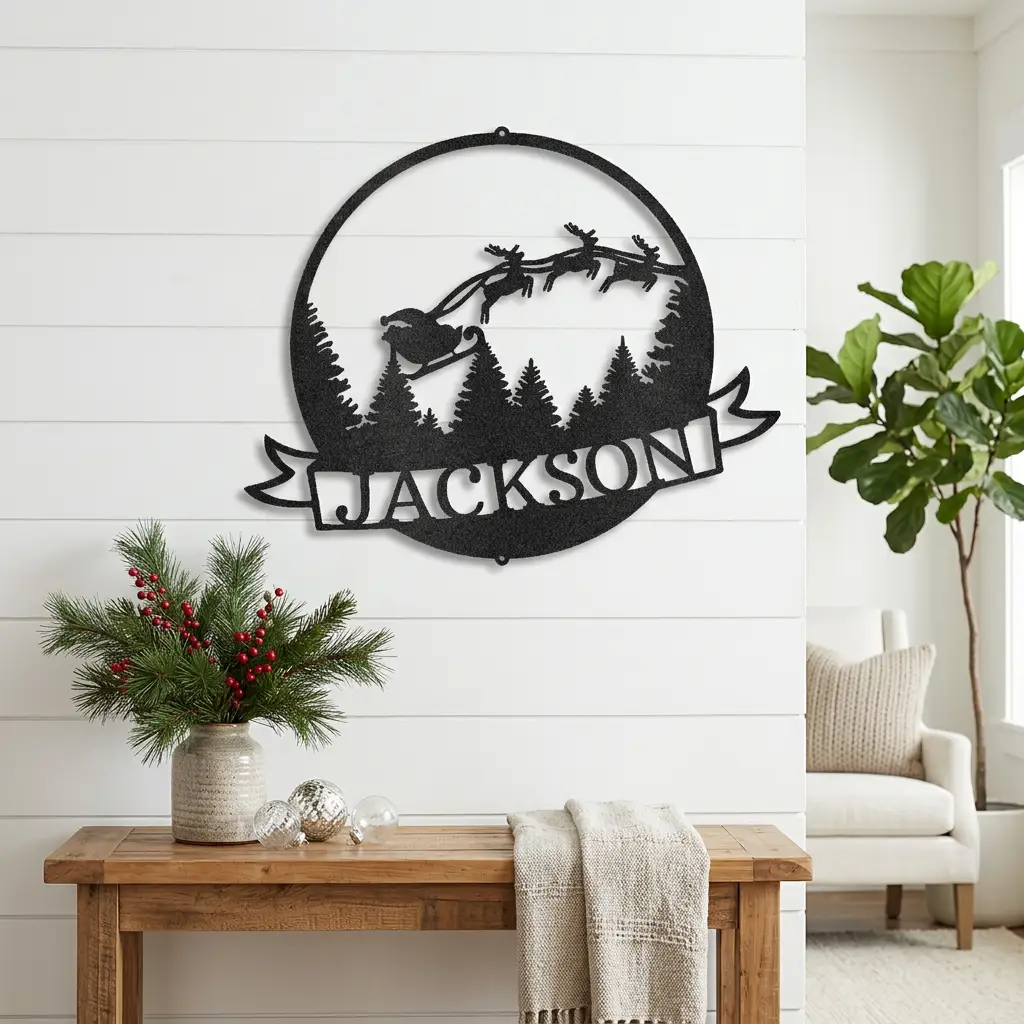Personalized Santa Sleigh Flying Through Sky Metal Wall Art – Custom Family Name Banner Christmas Sign – Holiday Steel Décor (5 Sizes, 5 Colors)