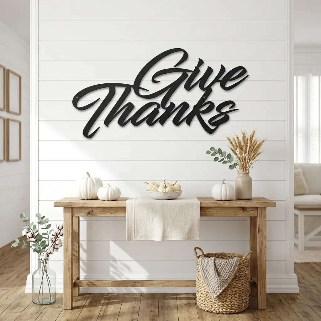 Give Thanks Metal Sign, Farmhouse Wall Decor, Thanksgiving Decor, Script Wall Art, Fall Home Decor, Gratitude Sign