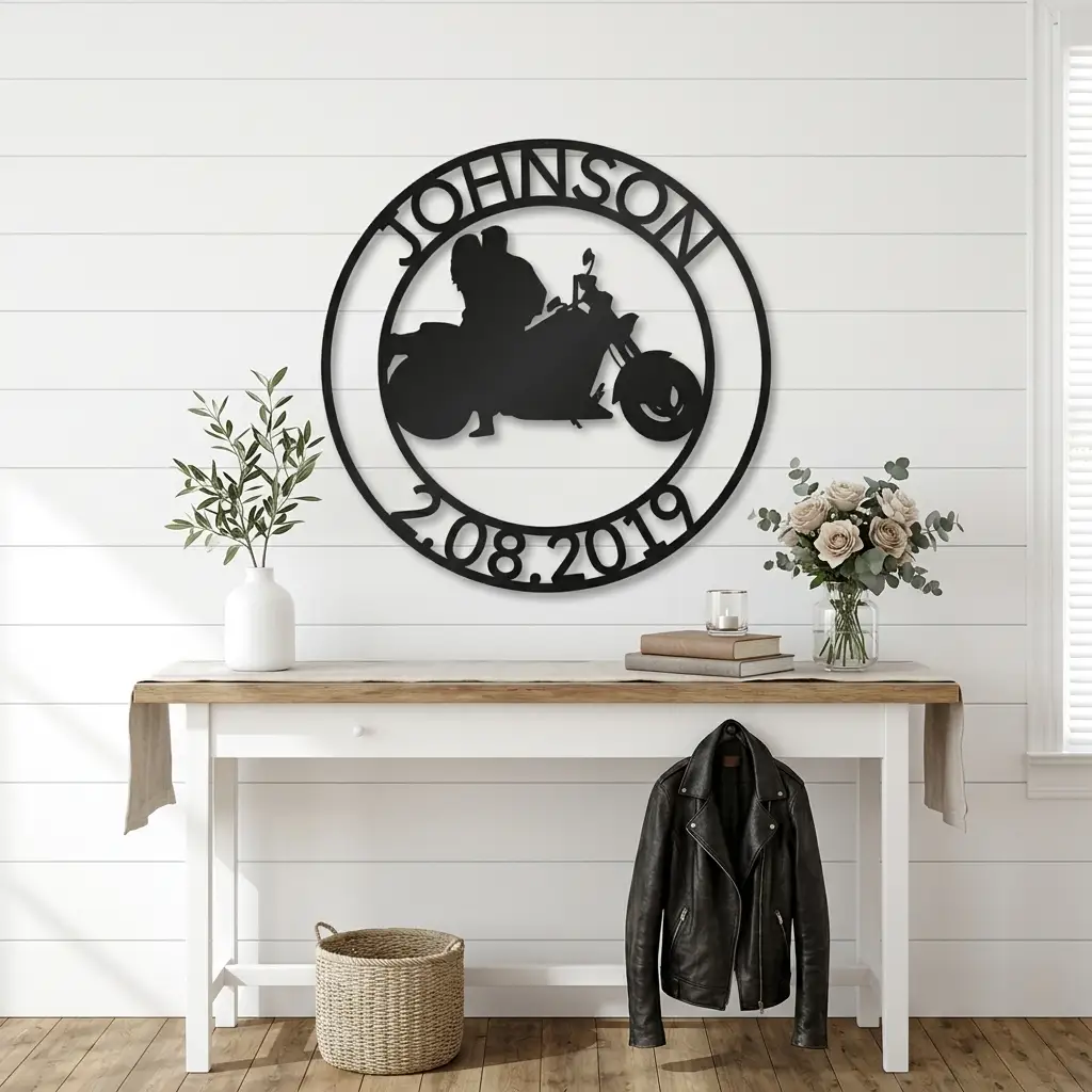 Personalized Motorcycle Couple Metal Wall Art Sign – Custom Names and Date Steel Sign – Biker Wedding Gift – Anniversary Decor – Ride Together Wall Art