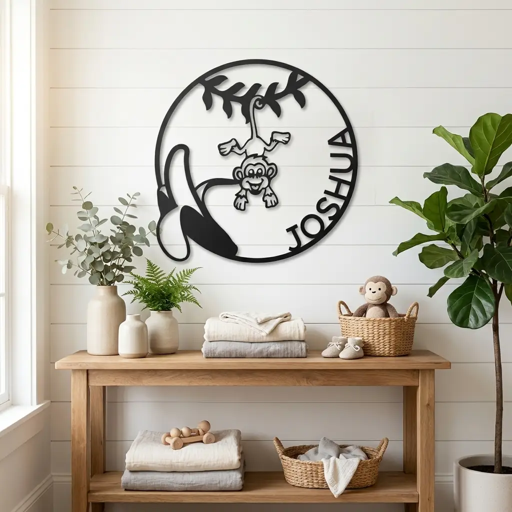 Personalized Monkey Metal Wall Art | Custom Name Jungle Nursery Sign | Made in USA