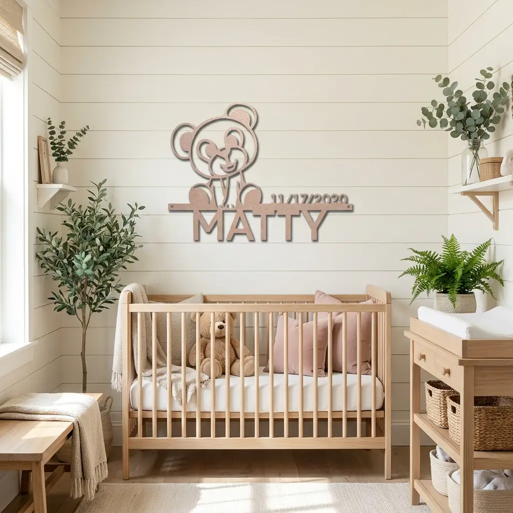 Personalized Teddy Bear Nursery Metal Wall Art – Custom Baby Name Sign with Birth Date – Nursery Decor – Baby Shower Gift