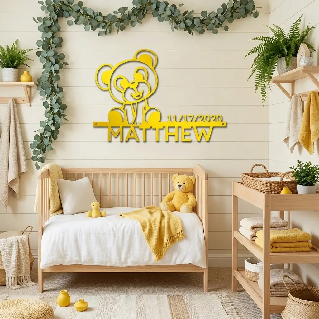Personalized Teddy Bear Nursery Metal Wall Art – Custom Baby Name Sign with Birth Date – Nursery Decor – Baby Shower Gift