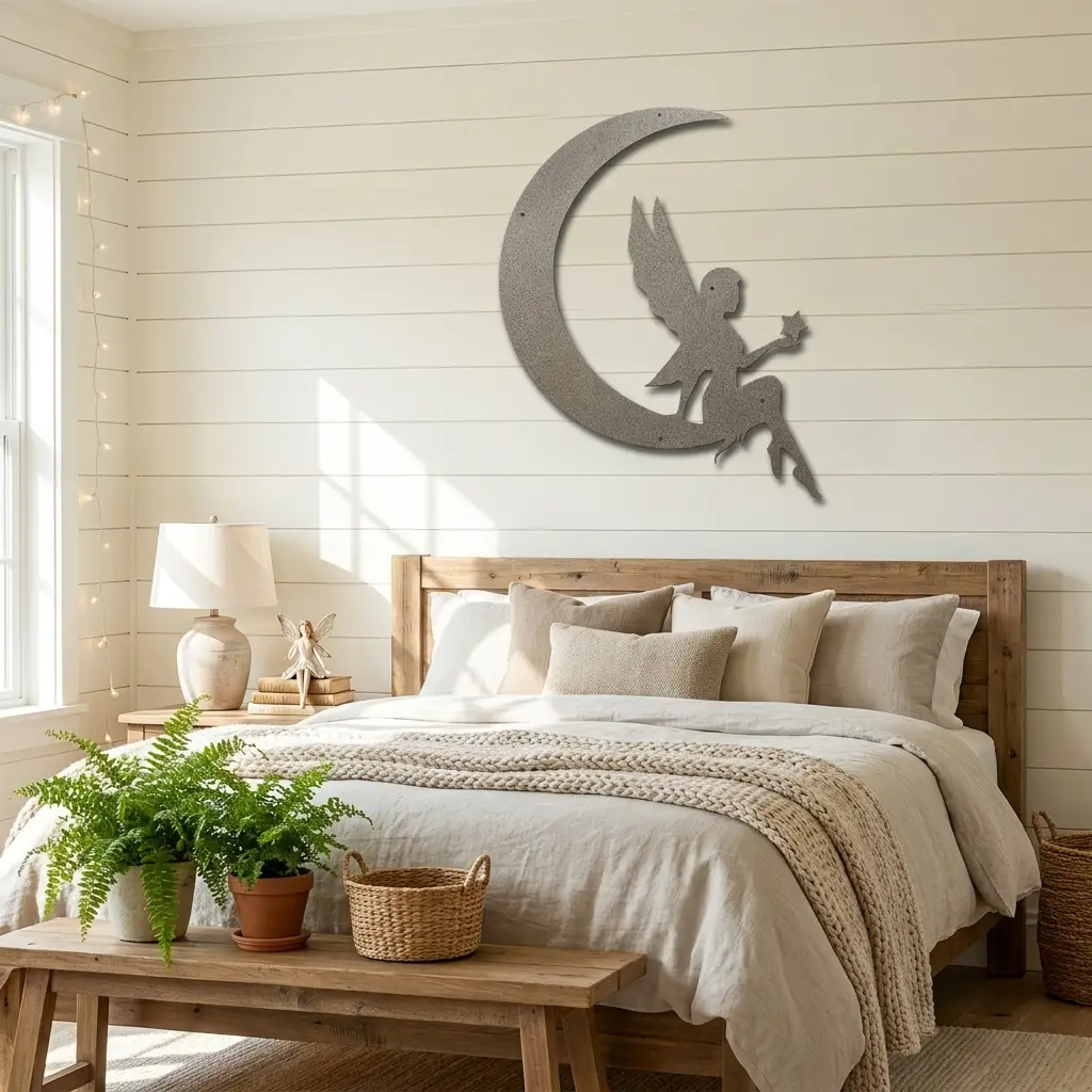 Fairy on Moon Metal Wall Art | Crescent Moon Fairy Wall Decor | Fantasy Metal Wall Hanging | Fairy Bedroom Decor | Made in USA