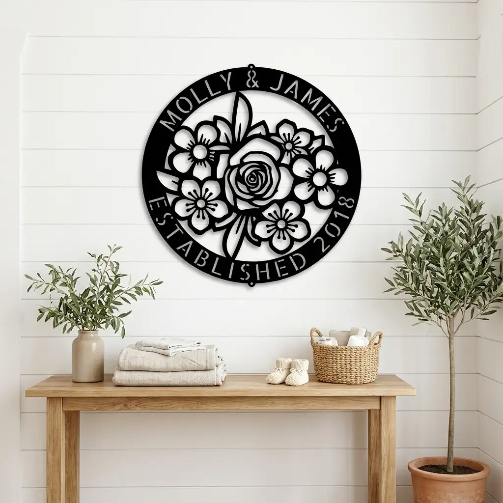 Personalized Floral Family Name Metal Sign | Custom Established Date Wall Art | Round Flower Monogram Steel Decor | Wedding, Anniversary & Housewarming Gift