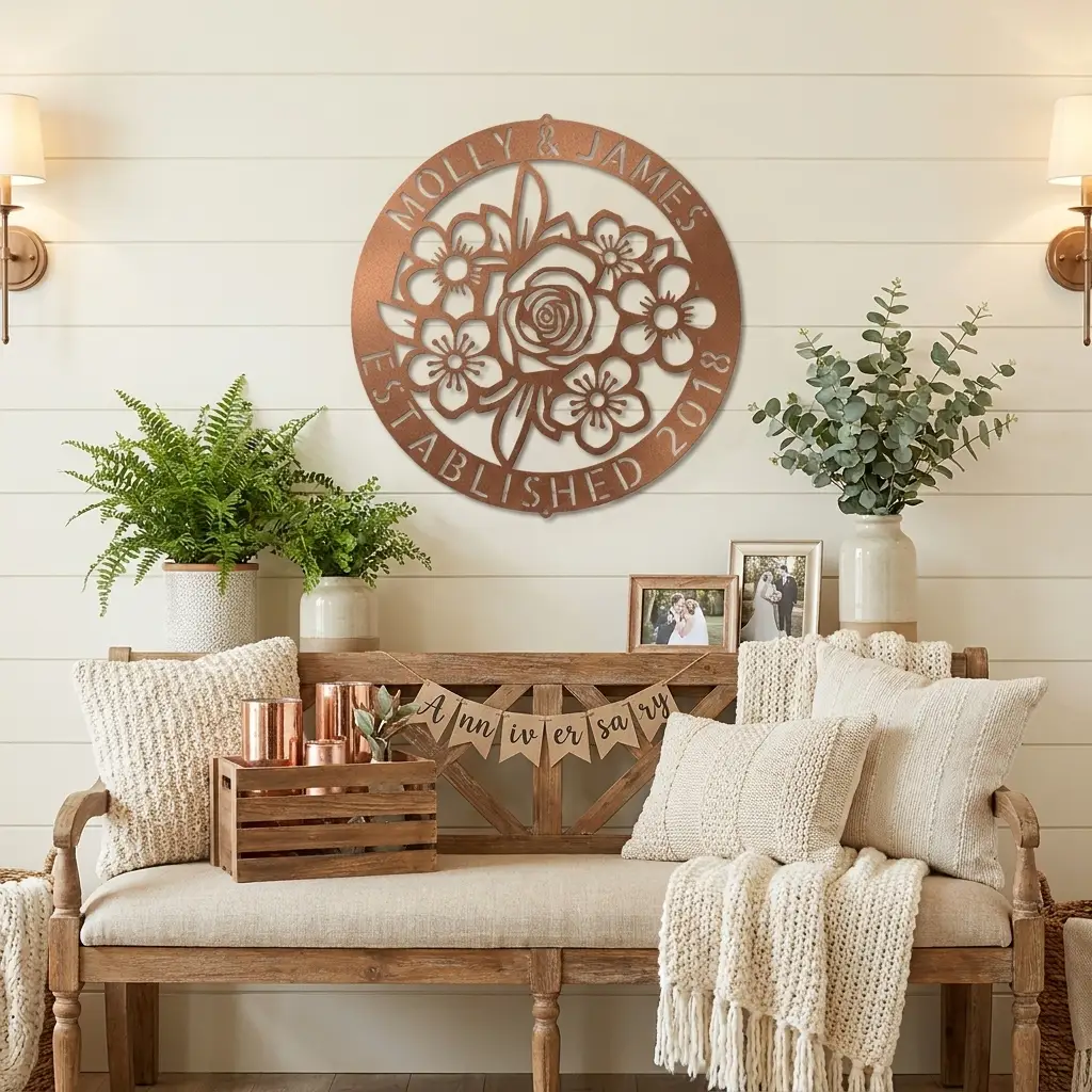 Personalized Floral Family Name Metal Sign | Custom Established Date Wall Art | Round Flower Monogram Steel Decor | Wedding, Anniversary & Housewarming Gift