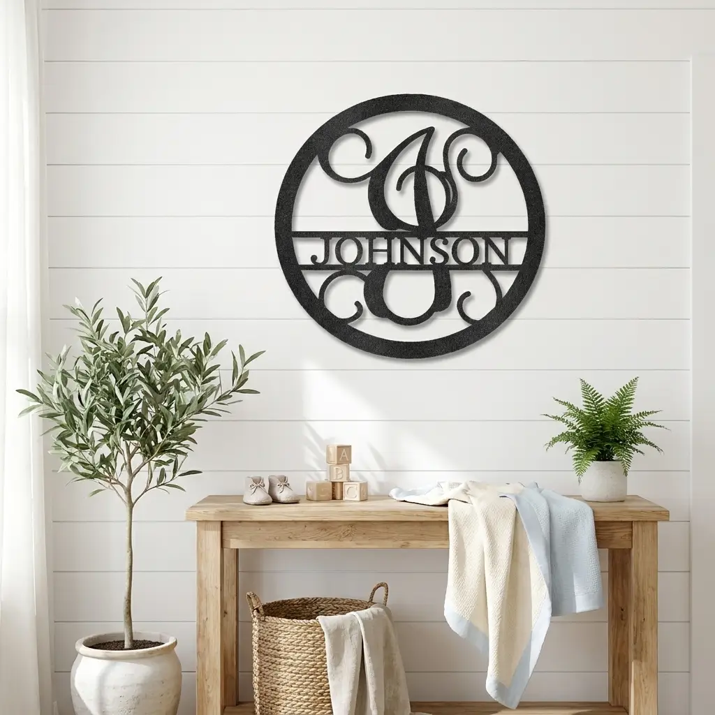 Circle Vine Monogram Personalized Name Indoor Outdoor Steel Wall Sign Metal Art