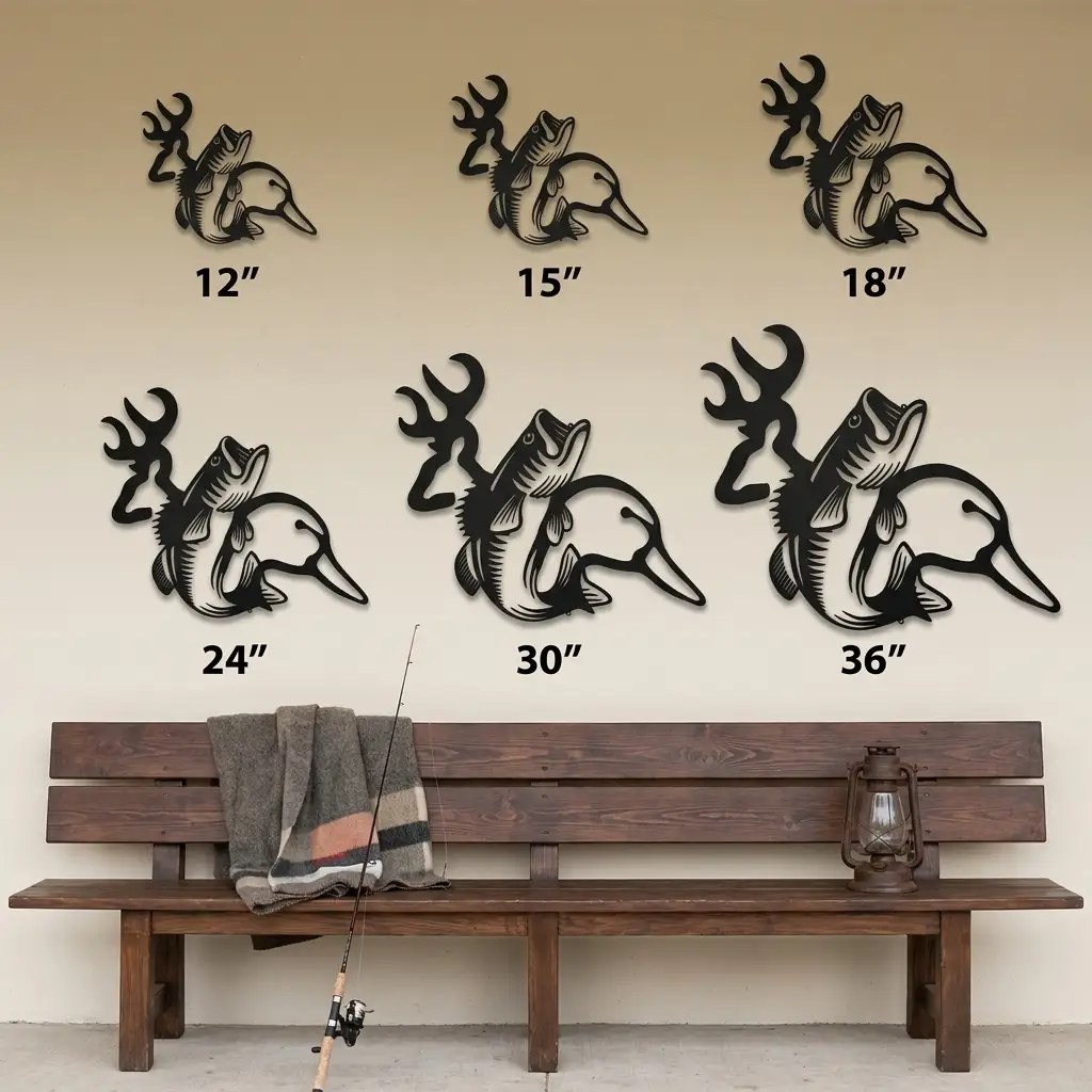 Hunting & Fishing Metal Wall Art – Deer, Duck and Bass Rustic Steel Sign