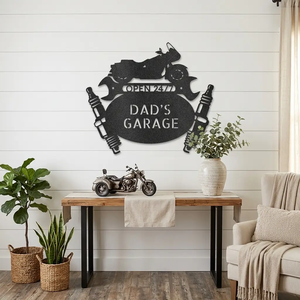 Cruiser Motorcycle Biker Mechanic Monogram Personalized Metal Art Wall Sign