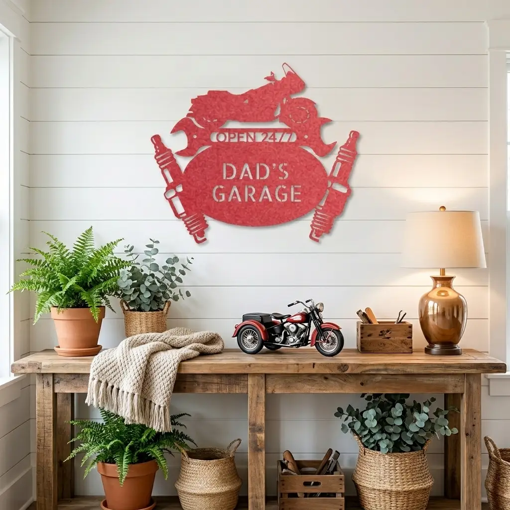 Cruiser Motorcycle Biker Mechanic Monogram Personalized Metal Art Wall Sign