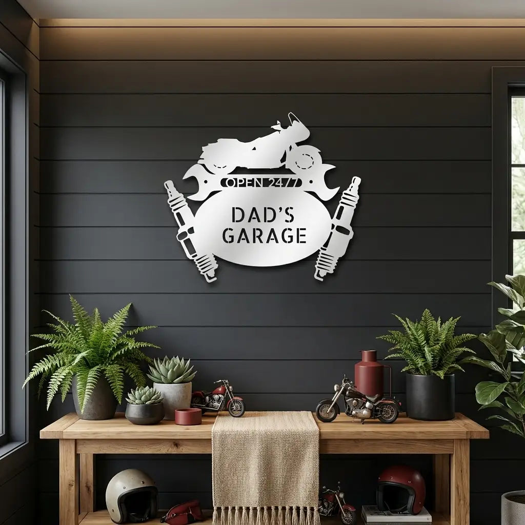Cruiser Motorcycle Biker Mechanic Monogram Personalized Metal Art Wall Sign