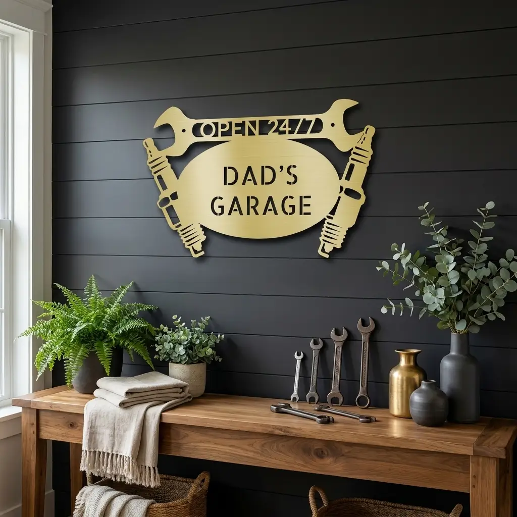 Personalized Mechanic Garage Metal Wall Art | Custom Garage Metal Sign | Wrench & Spark Plug Steel Wall Decor | Workshop Sign | 3 Custom Text Lines | Made in USA