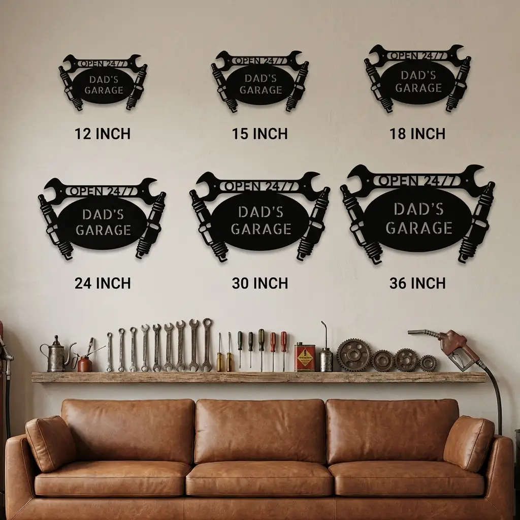 Personalized Mechanic Garage Metal Wall Art | Custom Garage Metal Sign | Wrench & Spark Plug Steel Wall Decor | Workshop Sign | 3 Custom Text Lines | Made in USA
