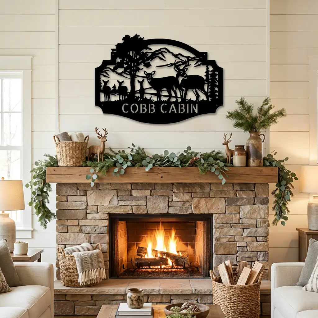 Personalized Deer Cabin Metal Wall Art – Rustic Family Name Sign – Hunting Lodge Decor – Custom Mountain Scene Steel Sign – Cabin Wall Decor Gift