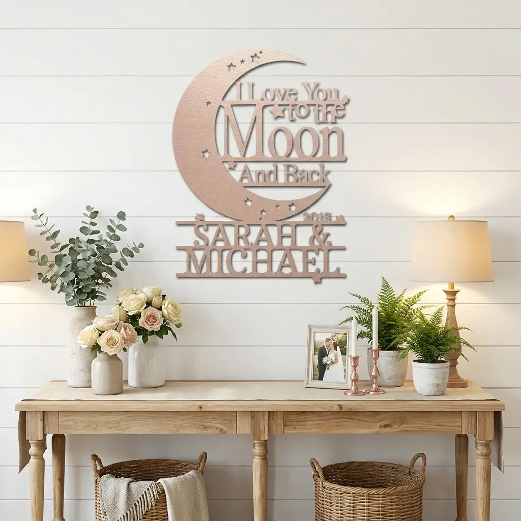 I Love You to the Moon and Back Personalized Metal Wall Art | Custom Couple Name Sign with Date | Romantic Wedding Gift | Anniversary Decor | Made in USA