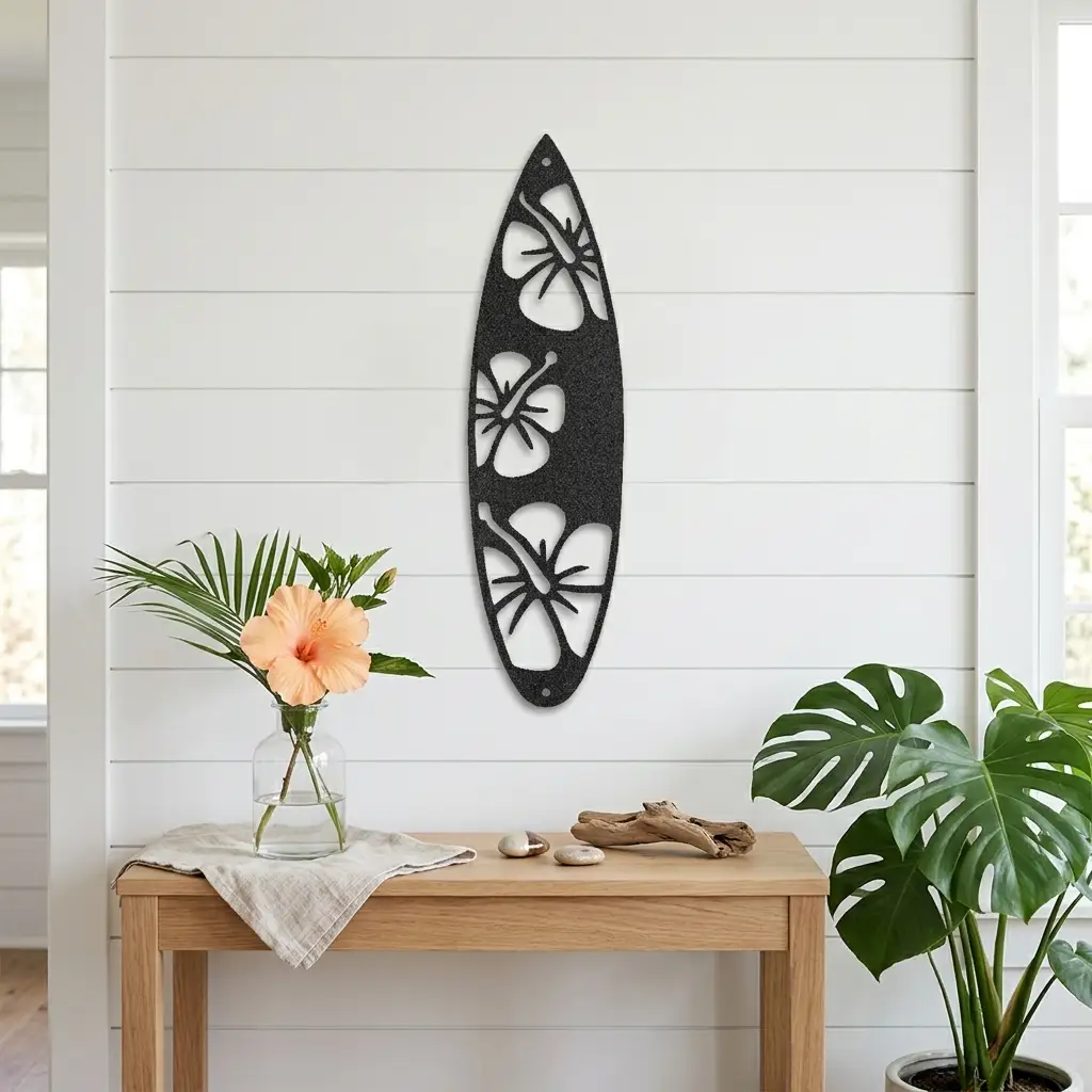 Surfboard Metal Wall Art – Coastal Beach Decor – Tropical Hibiscus Surfboard Wall Hanging – Outdoor Metal Wall Art
