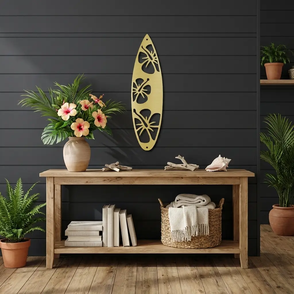 Surfboard Metal Wall Art – Coastal Beach Decor – Tropical Hibiscus Surfboard Wall Hanging – Outdoor Metal Wall Art