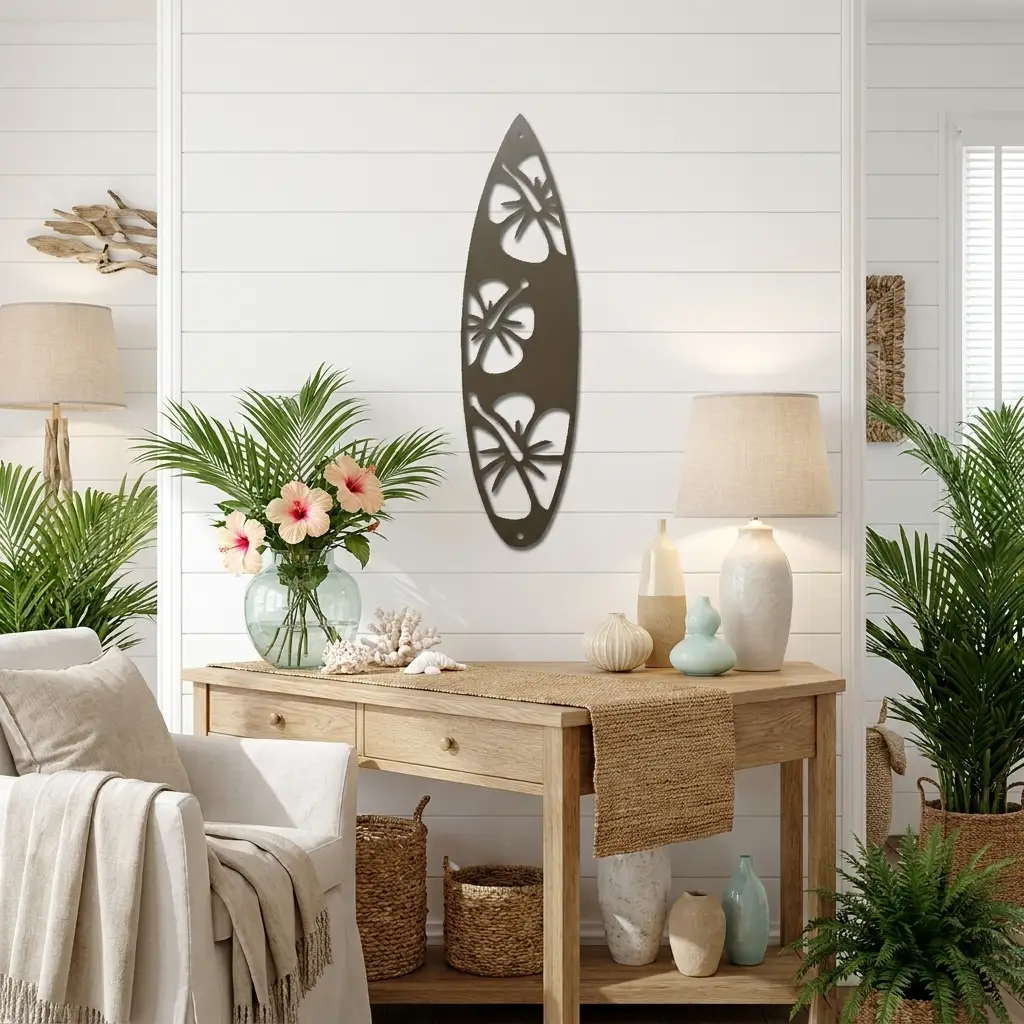 Surfboard Metal Wall Art – Coastal Beach Decor – Tropical Hibiscus Surfboard Wall Hanging – Outdoor Metal Wall Art