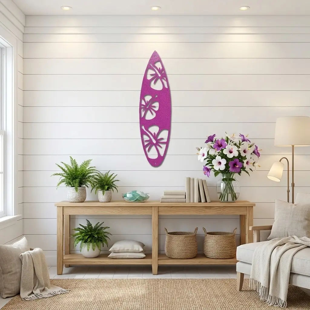 Surfboard Metal Wall Art – Coastal Beach Decor – Tropical Hibiscus Surfboard Wall Hanging – Outdoor Metal Wall Art