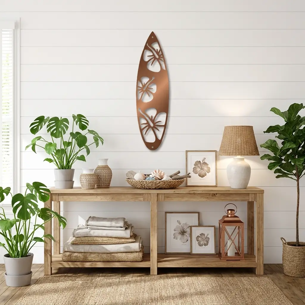 Surfboard Metal Wall Art – Coastal Beach Decor – Tropical Hibiscus Surfboard Wall Hanging – Outdoor Metal Wall Art