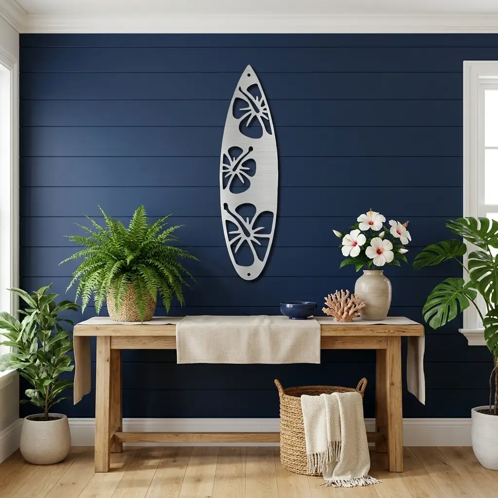 Surfboard Metal Wall Art – Coastal Beach Decor – Tropical Hibiscus Surfboard Wall Hanging – Outdoor Metal Wall Art