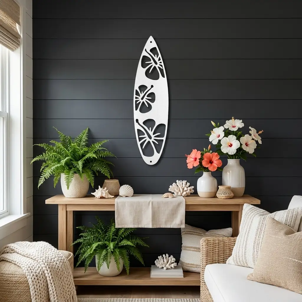 Surfboard Metal Wall Art – Coastal Beach Decor – Tropical Hibiscus Surfboard Wall Hanging – Outdoor Metal Wall Art