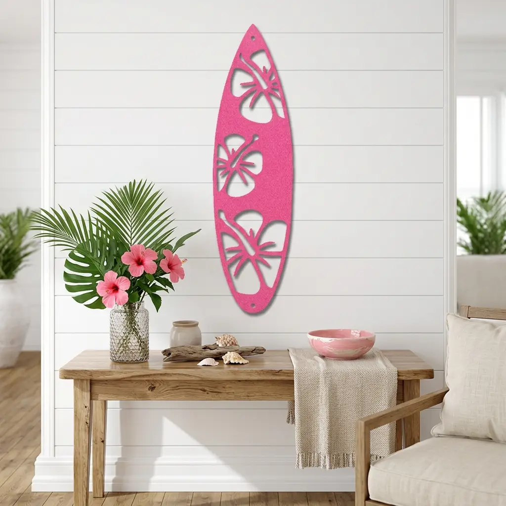 Surfboard Metal Wall Art – Coastal Beach Decor – Tropical Hibiscus Surfboard Wall Hanging – Outdoor Metal Wall Art