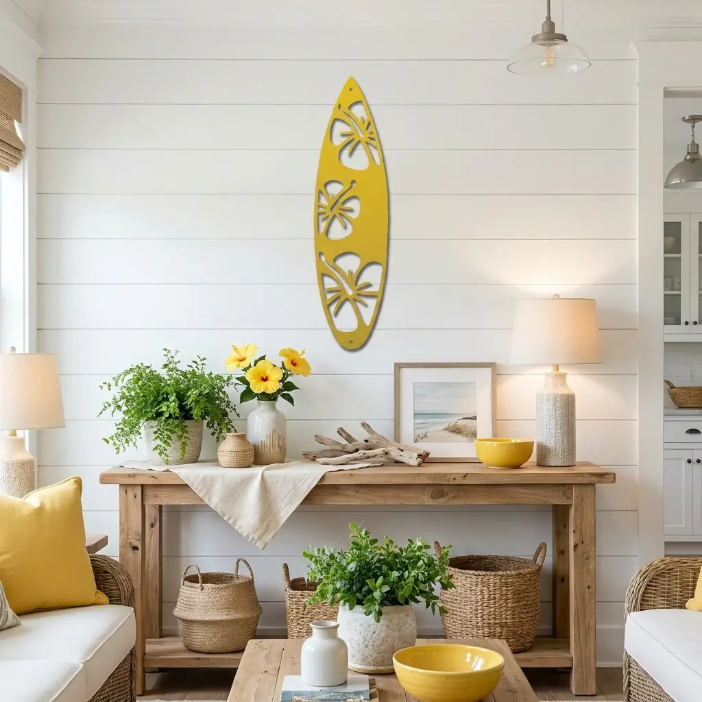 A yellow surfboard-shaped wall art piece with cutout floral designs hangs on a white shiplap wall above a rustic wooden console table styled with plants, vases, and lamps in a bright living room.