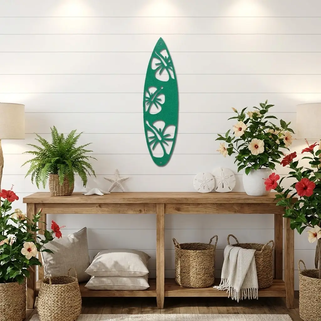 Surfboard Metal Wall Art – Coastal Beach Decor – Tropical Hibiscus Surfboard Wall Hanging – Outdoor Metal Wall Art