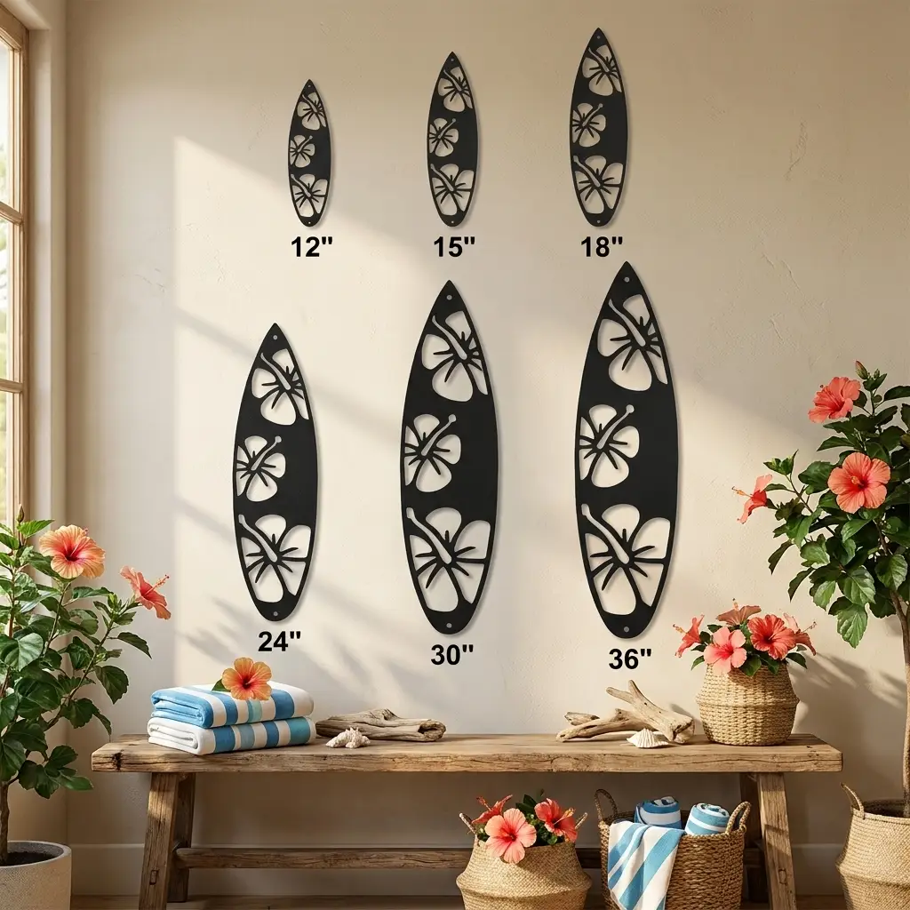 Tropical Hibiscus Surfboard Metal Wall Art | Coastal Beach House Decor | Hawaiian Floral Surfboard Wall Hanging | Tropical Metal Wall Art | Made in USA