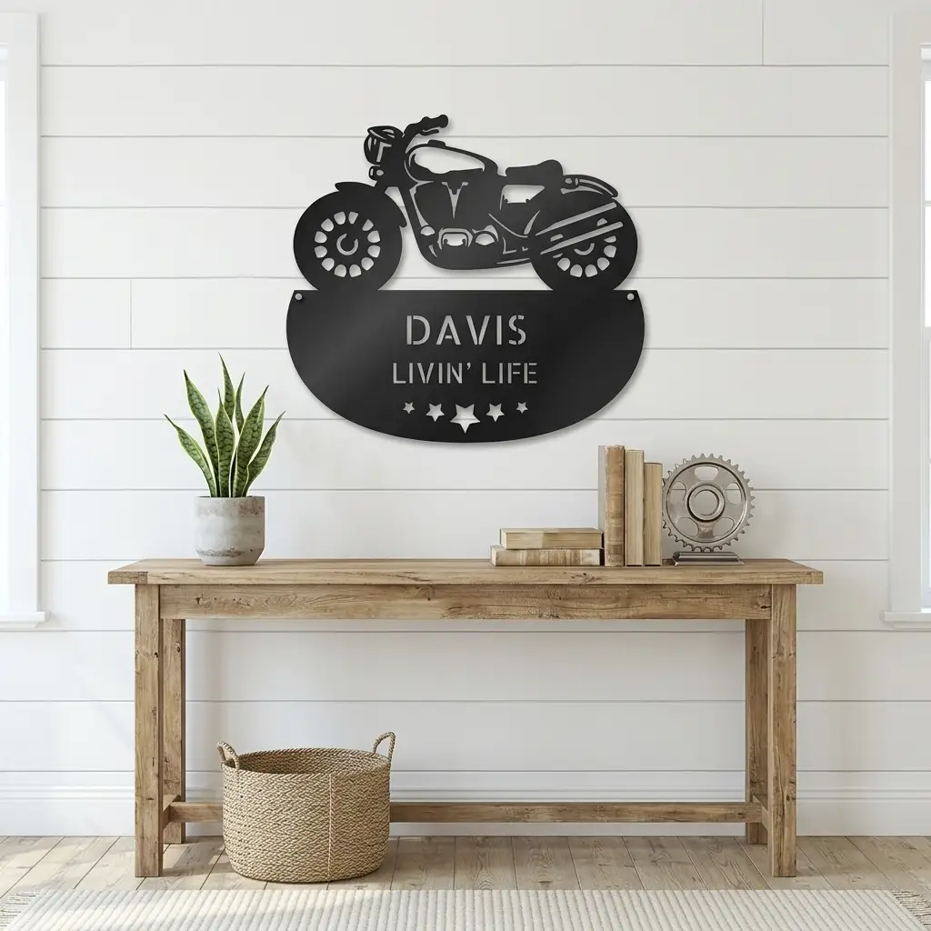 Personalized Motorcycle Metal Wall Sign – Custom Name Laser-Cut Steel Art for Indoors & Outdoors