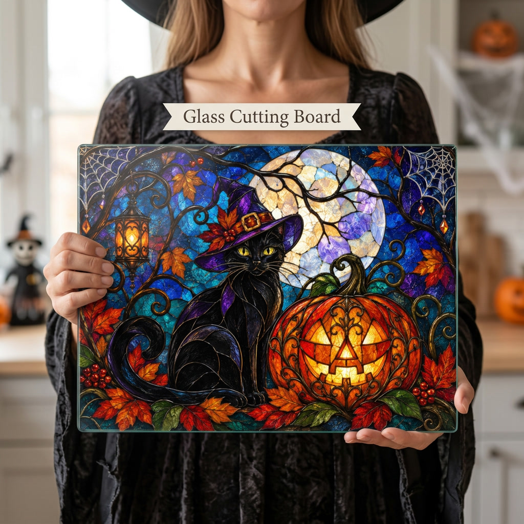 Halloween Black Witch Cat Personalized Glass Cutting Board, Spooky Pumpkin Kitchen Decor