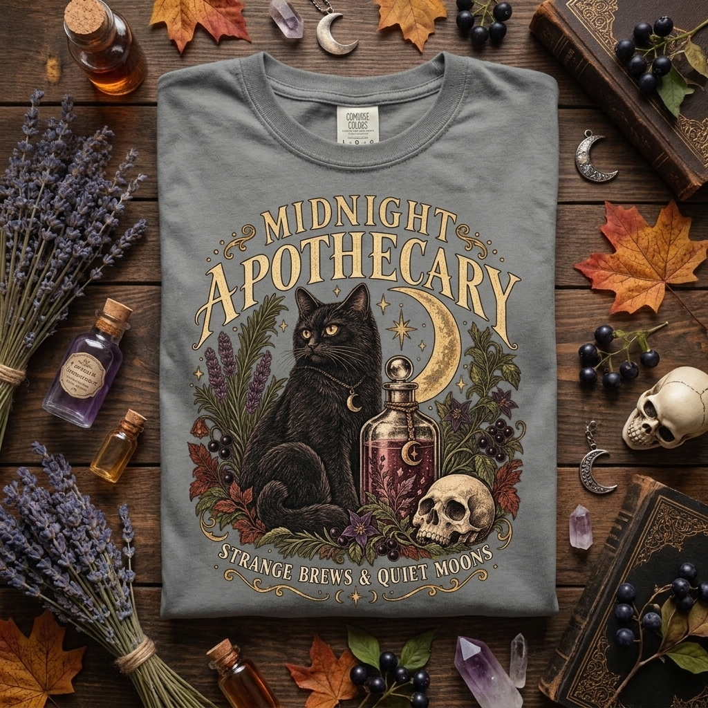 Midnight Apothecary Vintage Halloween Shirt, Black Cat Witchy Tee, Gothic Unisex Comfort Colors 1717 T-Shirt
