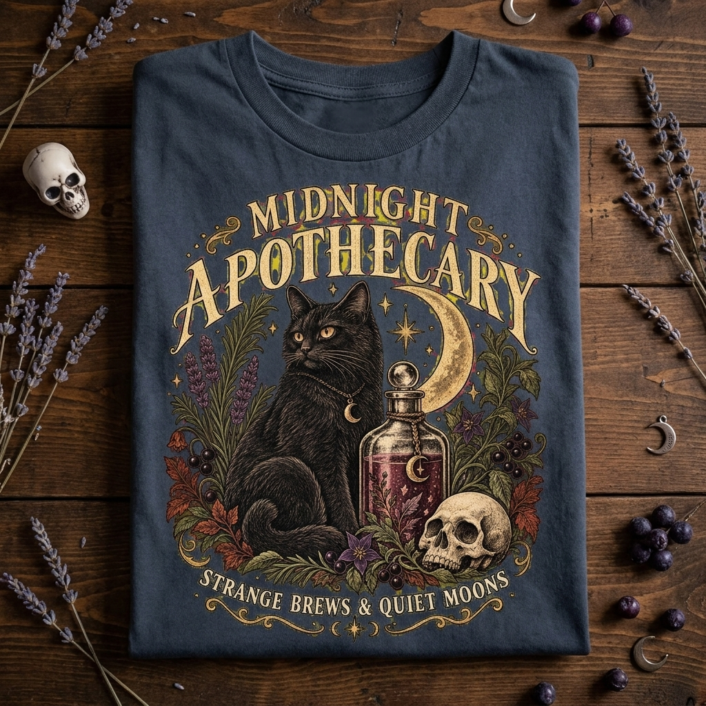 Midnight Apothecary Vintage Halloween Shirt, Black Cat Witchy Tee, Gothic Unisex Comfort Colors 1717 T-Shirt