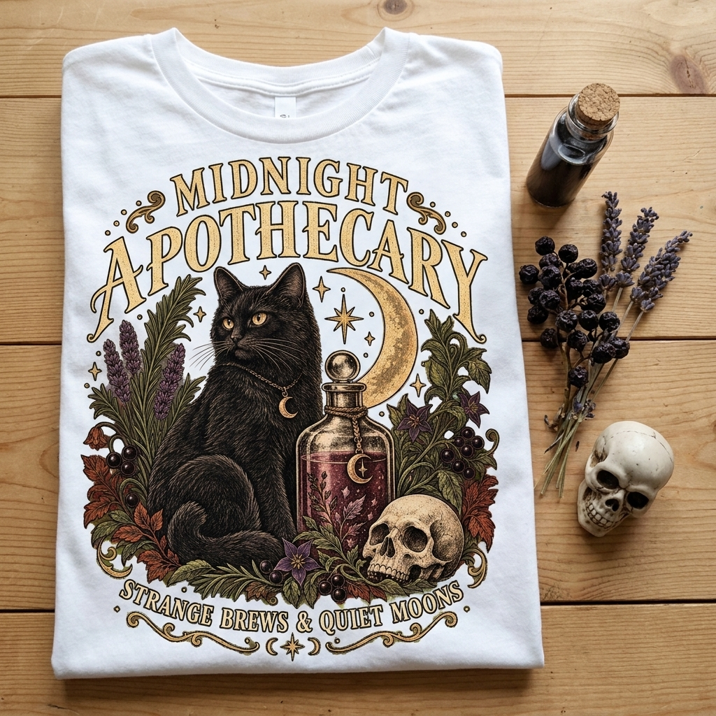 Midnight Apothecary Vintage Halloween Shirt, Black Cat Witchy Tee, Gothic Unisex Comfort Colors 1717 T-Shirt