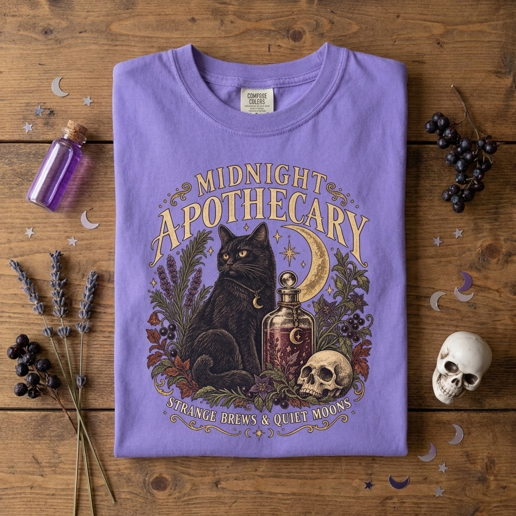 Midnight Apothecary Vintage Halloween Shirt, Black Cat Witchy Tee, Gothic Unisex Comfort Colors 1717 T-Shirt