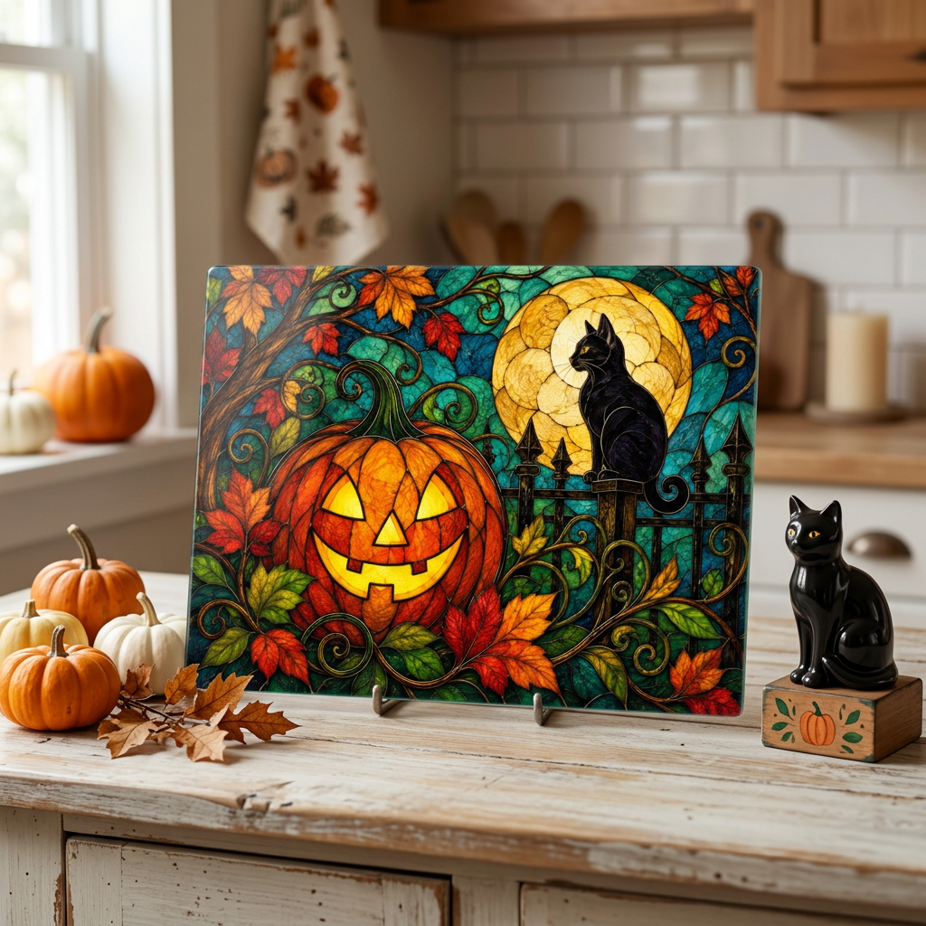 Halloween Black Cat and Jack-O-Lantern Personalized Glass Cutting Board, Spooky Pumpkin Kitchen Decor - Mallard Moon