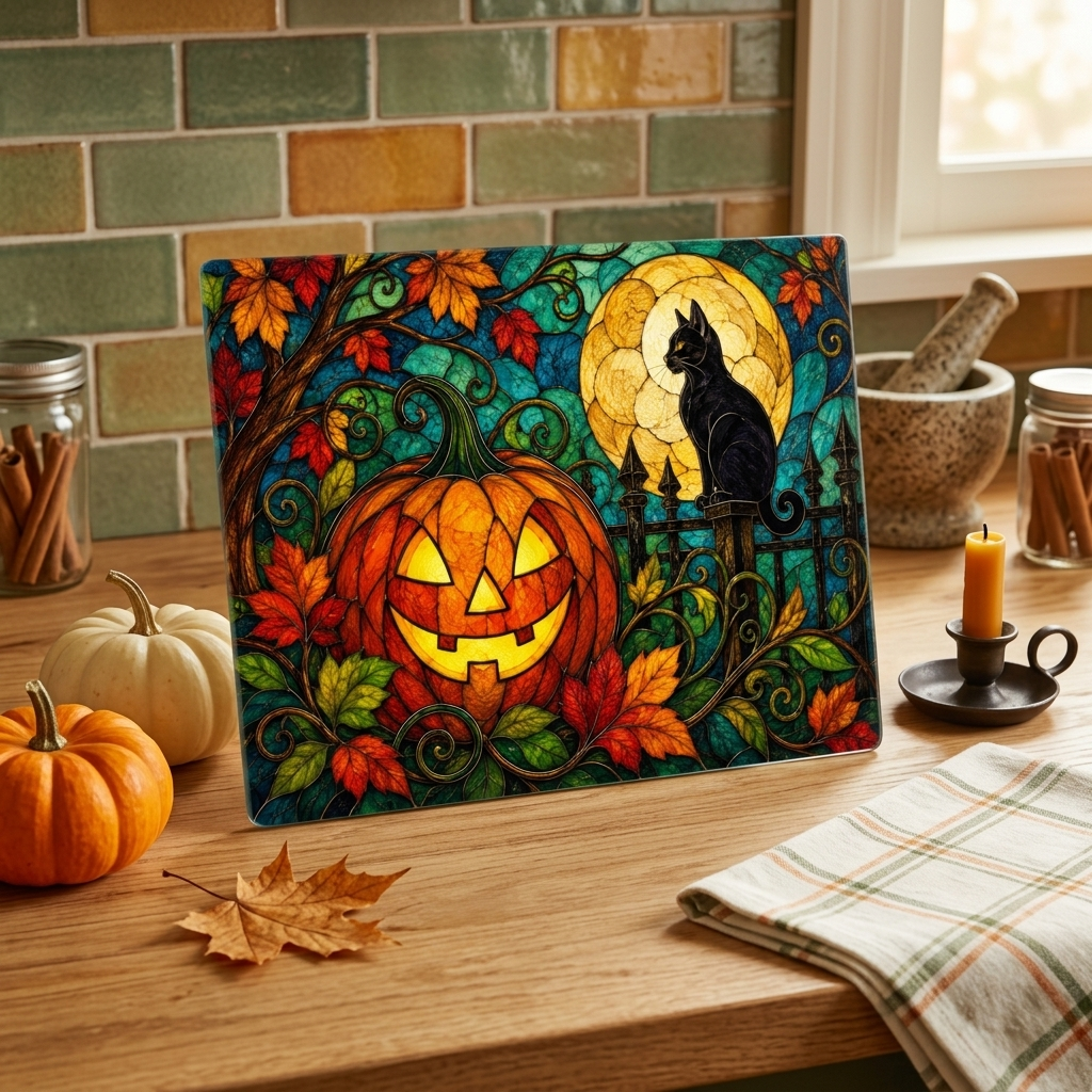 Halloween Black Cat and Jack-O-Lantern Personalized Glass Cutting Board, Spooky Pumpkin Kitchen Decor - Mallard Moon