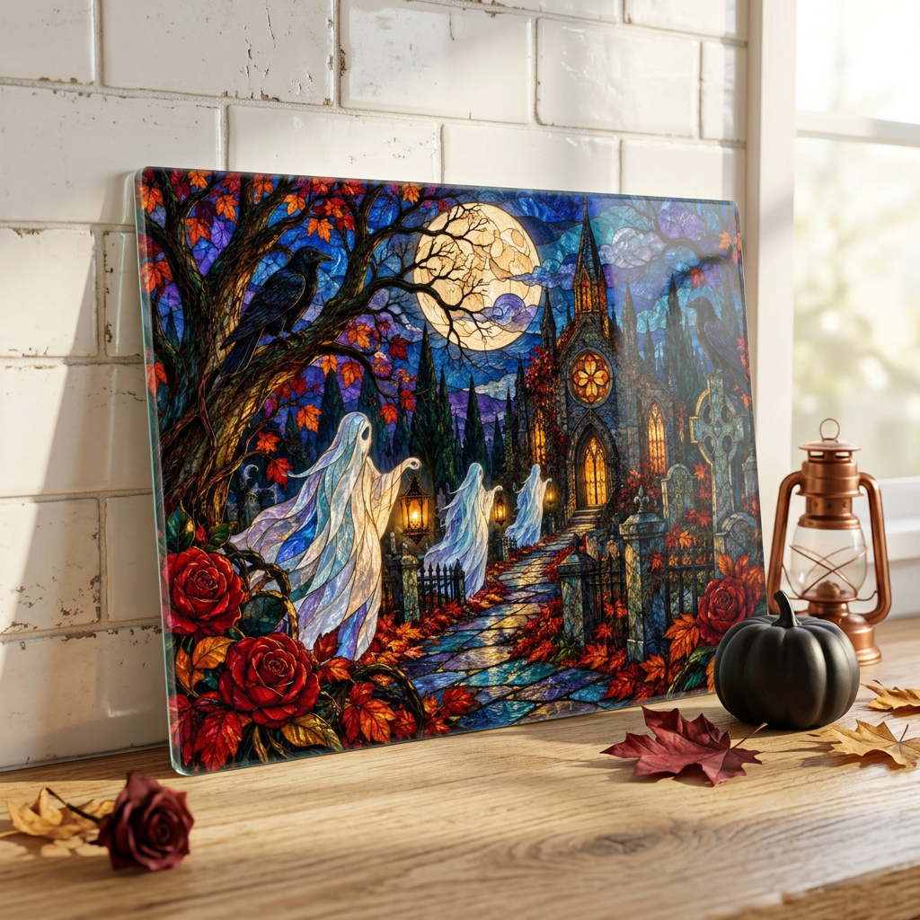 Halloween Ghost Personalized Glass Cutting Board, Haunted Graveyard Kitchen Decor