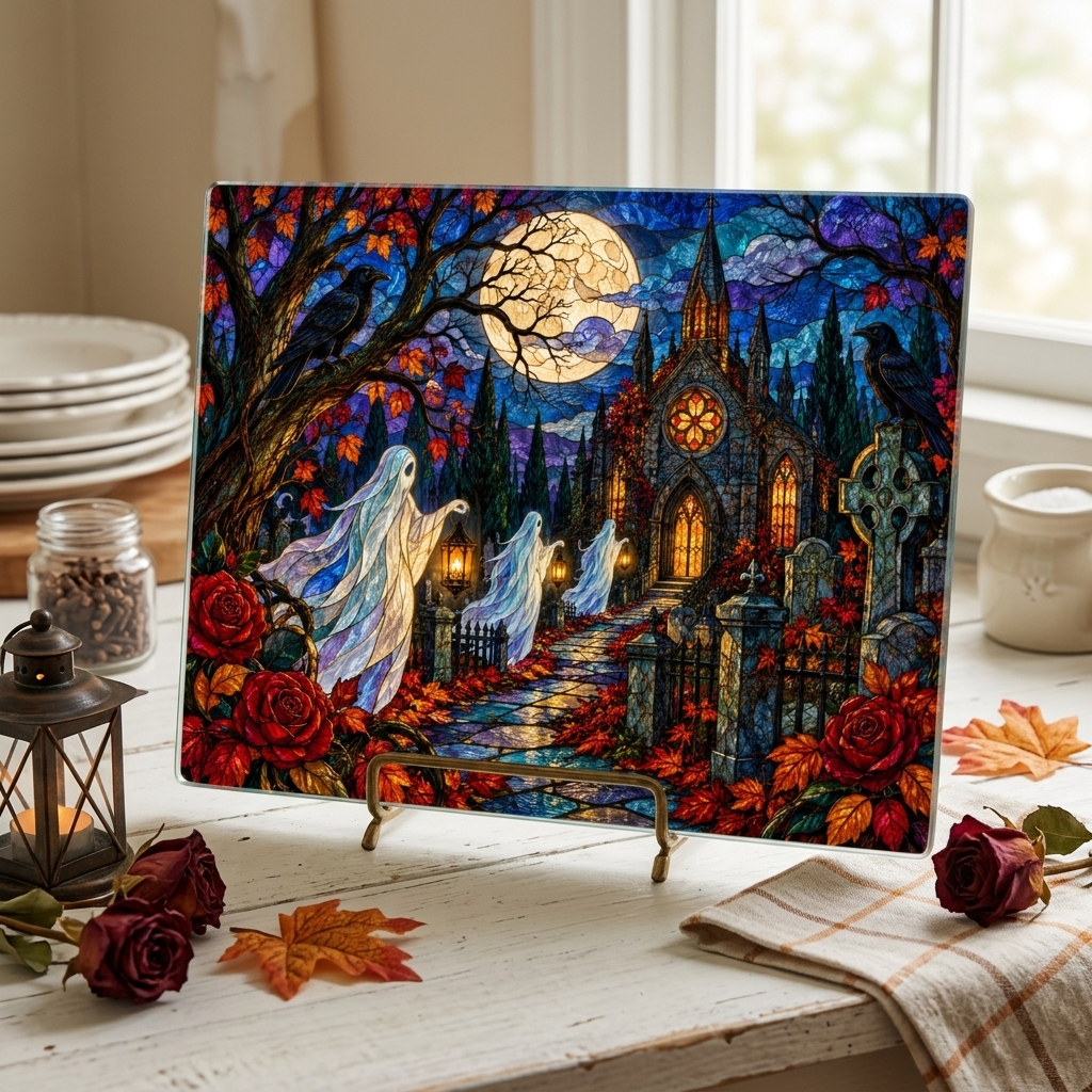 Halloween Ghost Personalized Glass Cutting Board, Haunted Graveyard Kitchen Decor