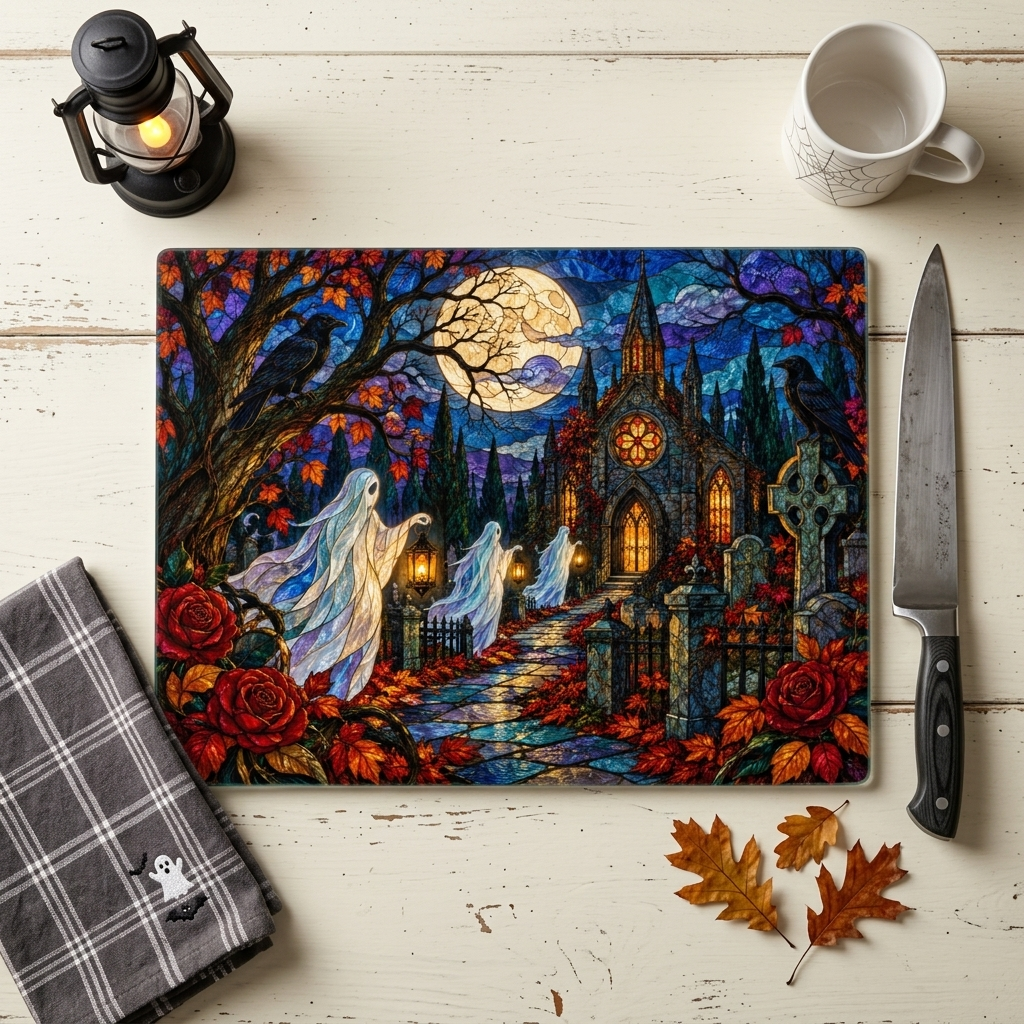 Halloween Ghost Personalized Glass Cutting Board, Haunted Graveyard Kitchen Decor