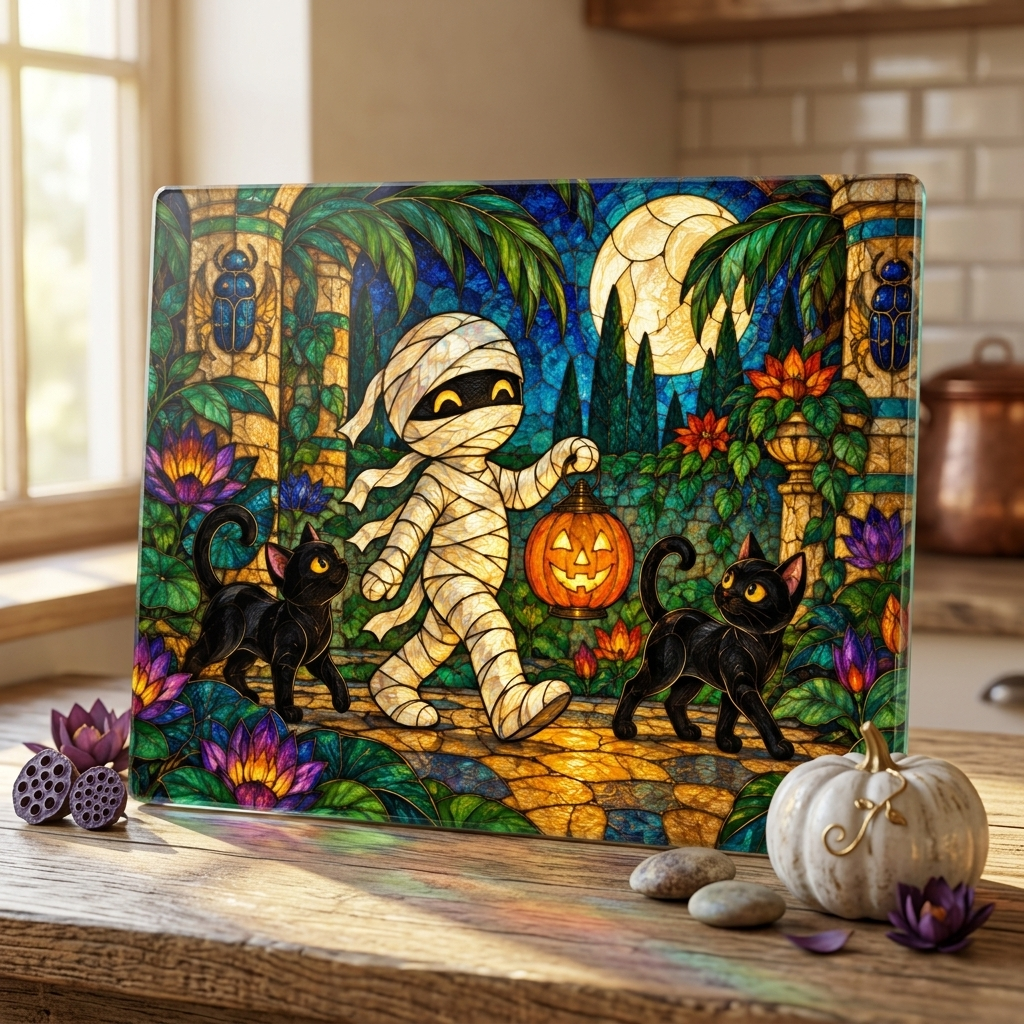 Halloween Mummy Personalized Glass Cutting Board, Spooky Kitchen Decor - Mallard Moon